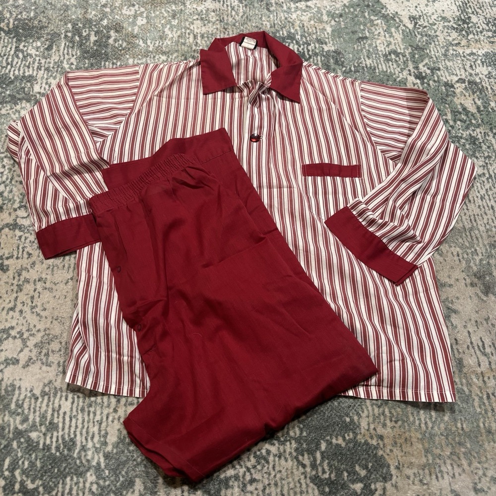 Vtg 70s Sears Perma-Prest Mens Pajama Set Large 42/44 Red White Stripe Sleepwear